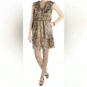 CARLOS MIELE Beige Yellow Gold Leopard Print Ruffle Detail Mini Dress Size XS